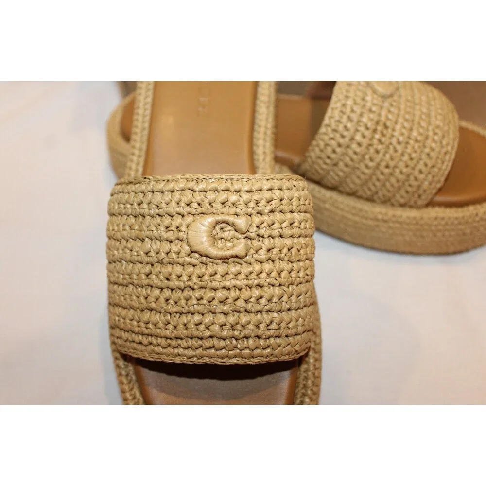 COACH Women's Sculpted C Raffia Platform Slides Sandals Natural NEW SZ 8